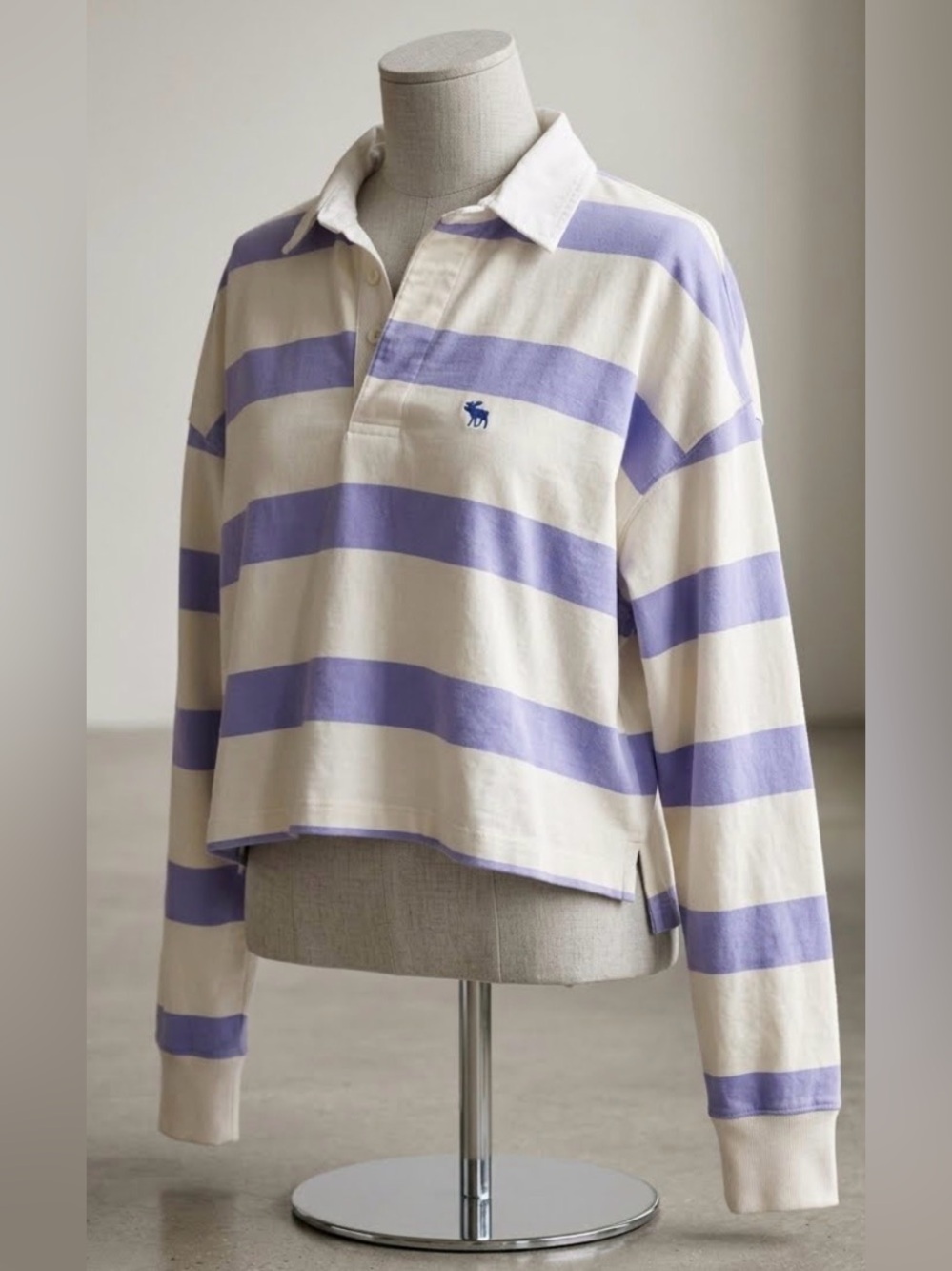 Abercrombie & Fitch Crop Long-Sleeve Rugby Shirt - Cream & Blue